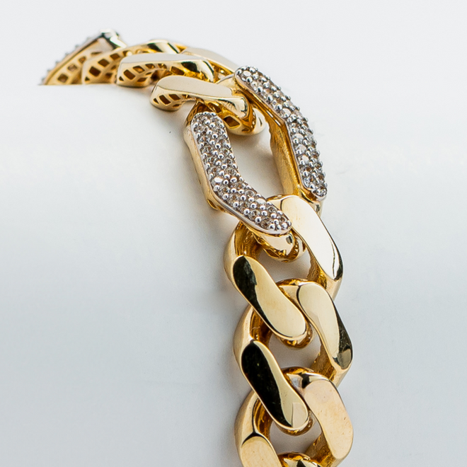 Pulsera hueca de eslabones Monaco Chain con brillantes- Oro Amarillo 14K